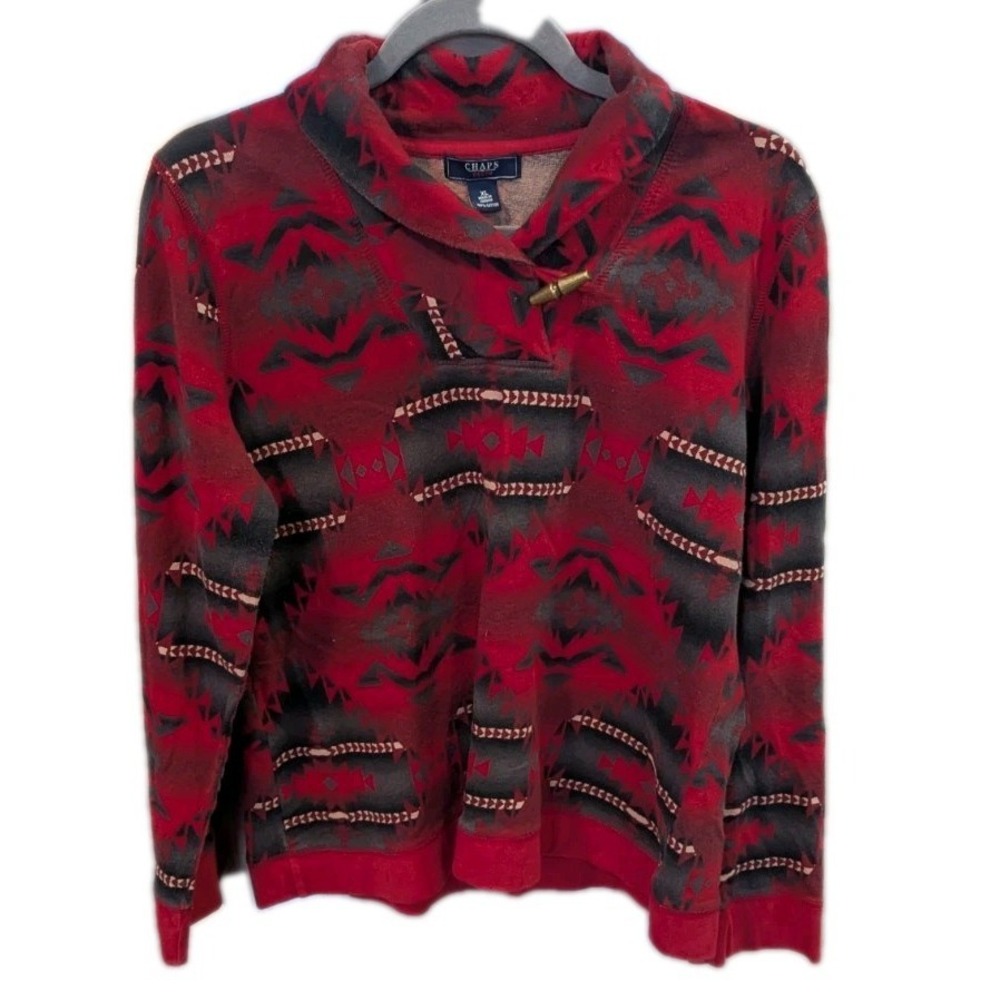 Chaps Denim Juniors XL Aztec Print Red Long Sleeve Top Toggle Clasp Southwestern